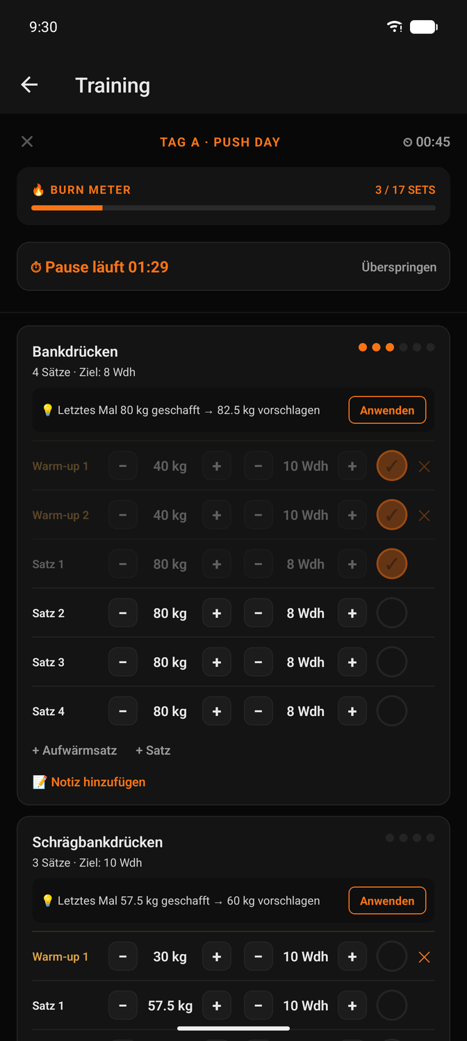 GymWerk: laufendes Training mit Pausentimer